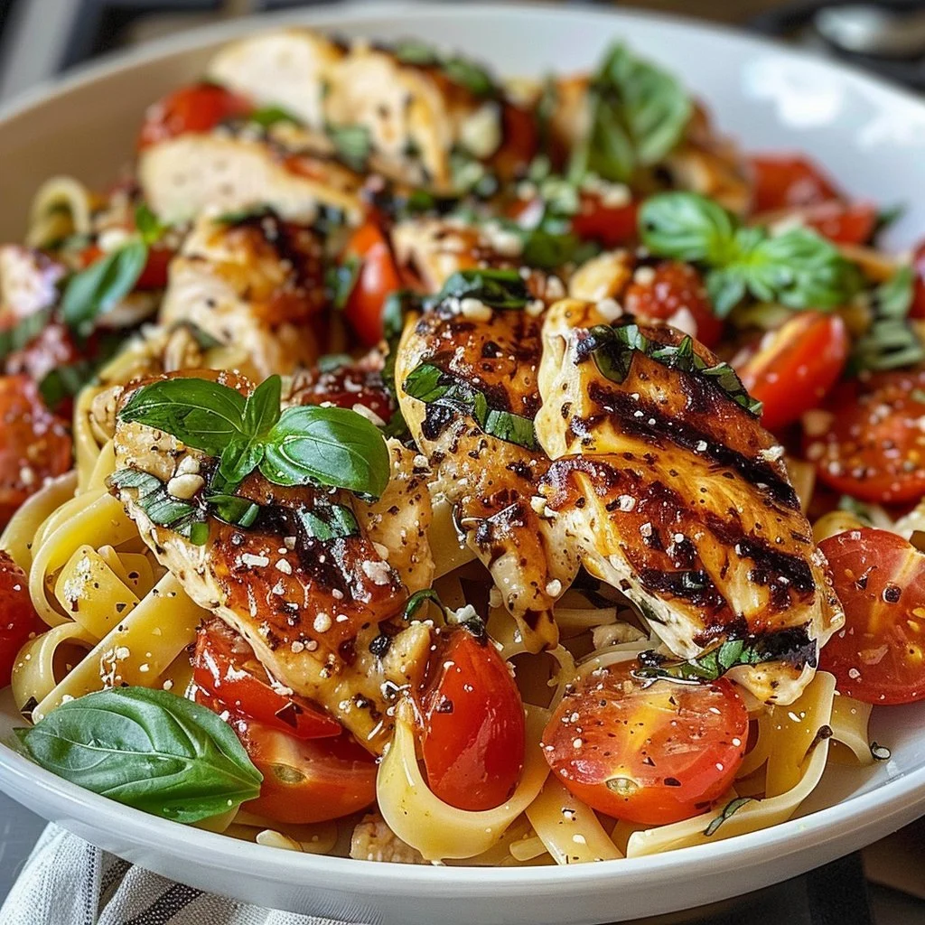 Delicious bruschetta chicken served over pasta with fresh tomato and basil.