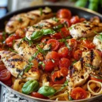 Bruschetta Chicken served with pasta and fresh tomatoes