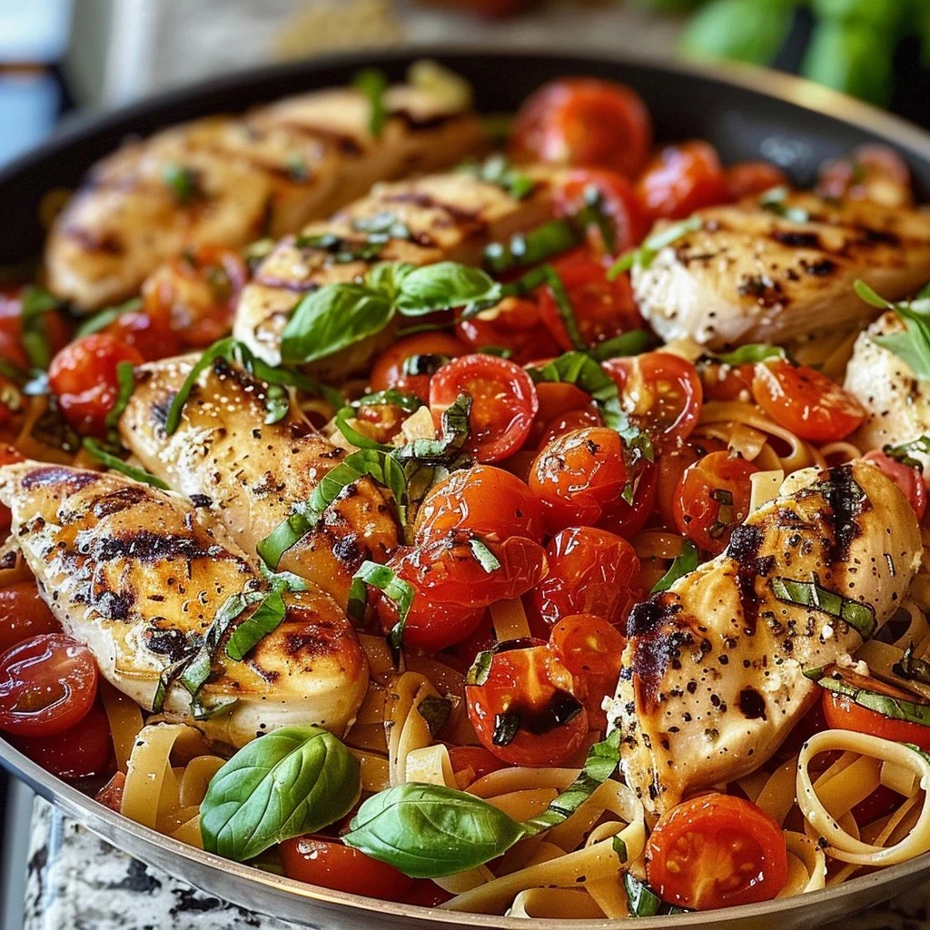 Bruschetta Chicken served with pasta and fresh tomatoes