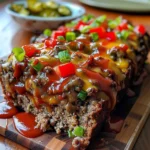 Delicious cheesesteak meatloaf served with sides on a dinner plate.