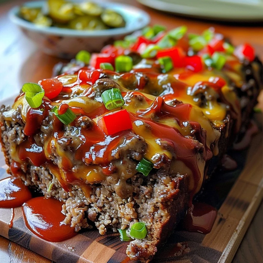 Delicious cheesesteak meatloaf served with sides on a dinner plate.