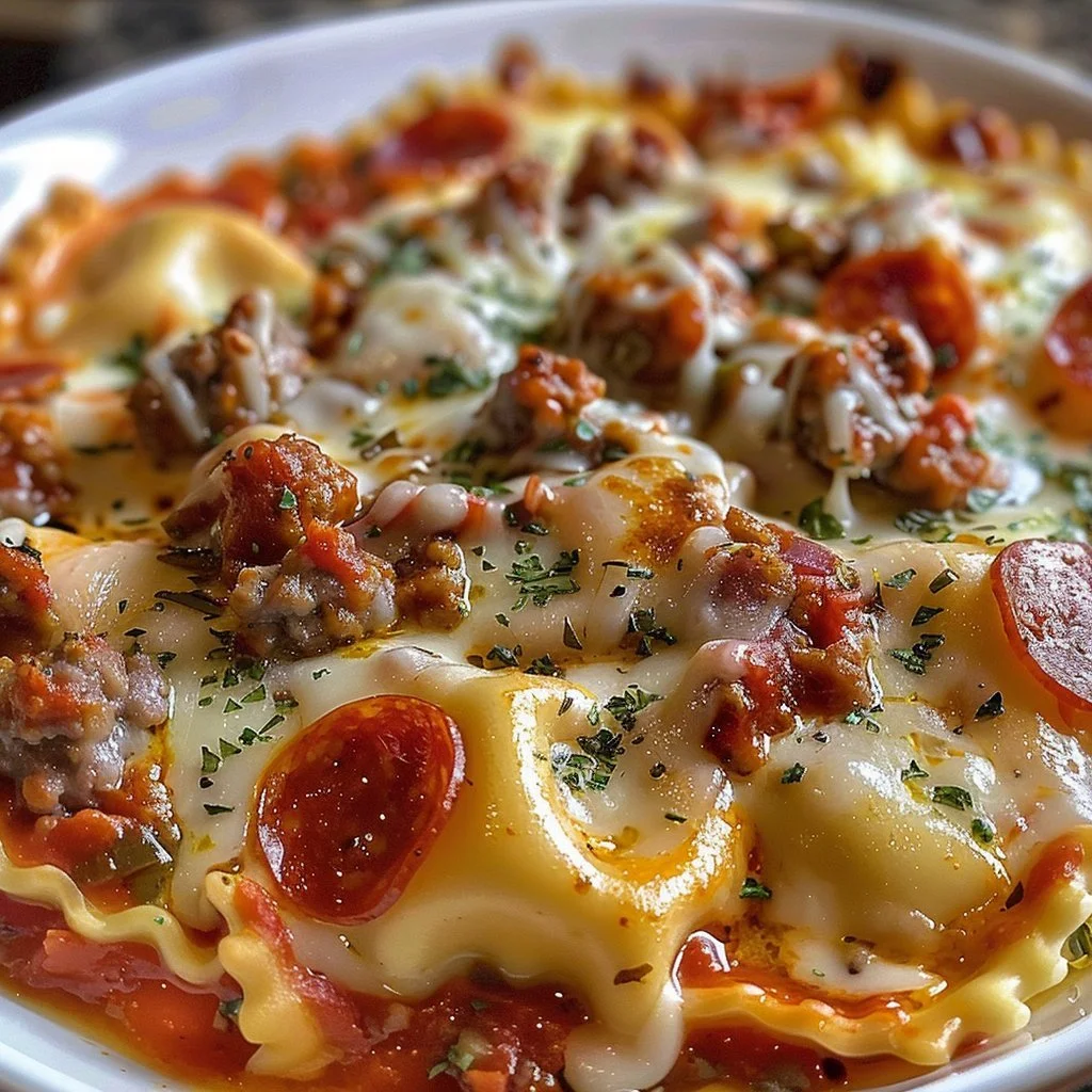 Cheesy Pizza Ravioli Bake dish topped with gooey melted cheese