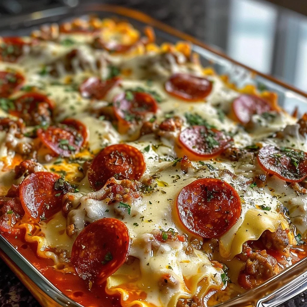 Delicious cheesy pizza ravioli bake topped with herbs and cheese