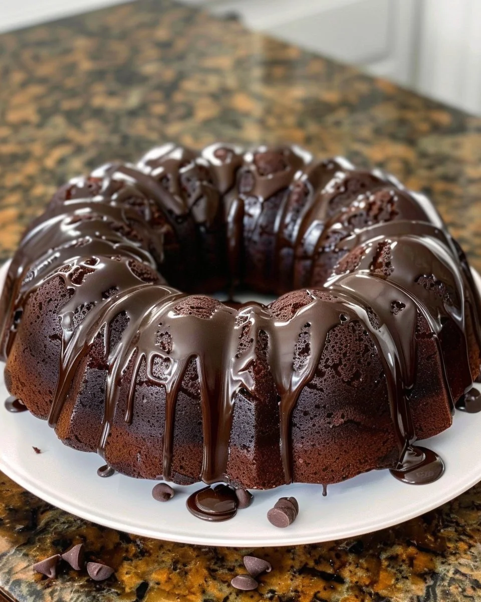 Delicious homemade Chocolate Bundt Cake with glossy chocolate glaze
