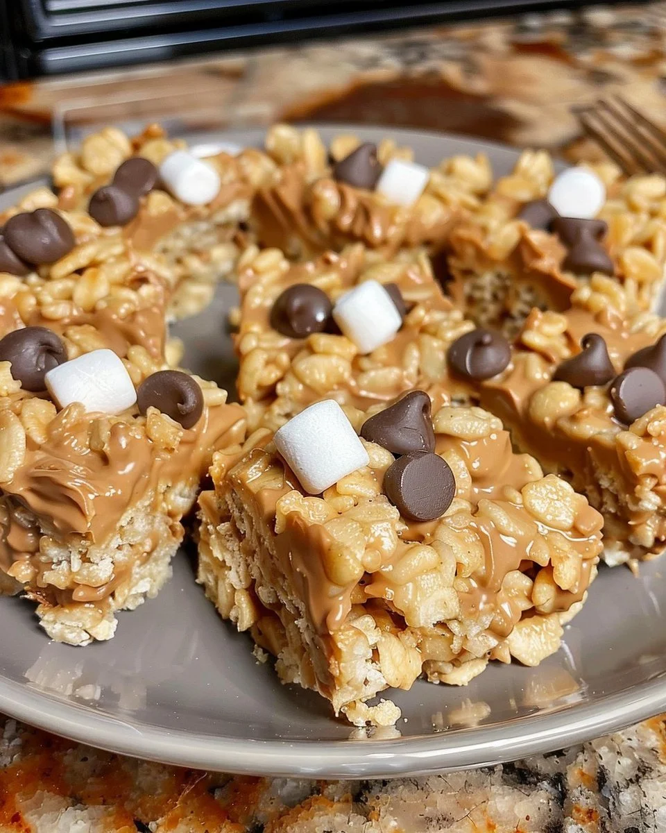 Chocolate peanut butter rice crispy treats topped with drizzled chocolate