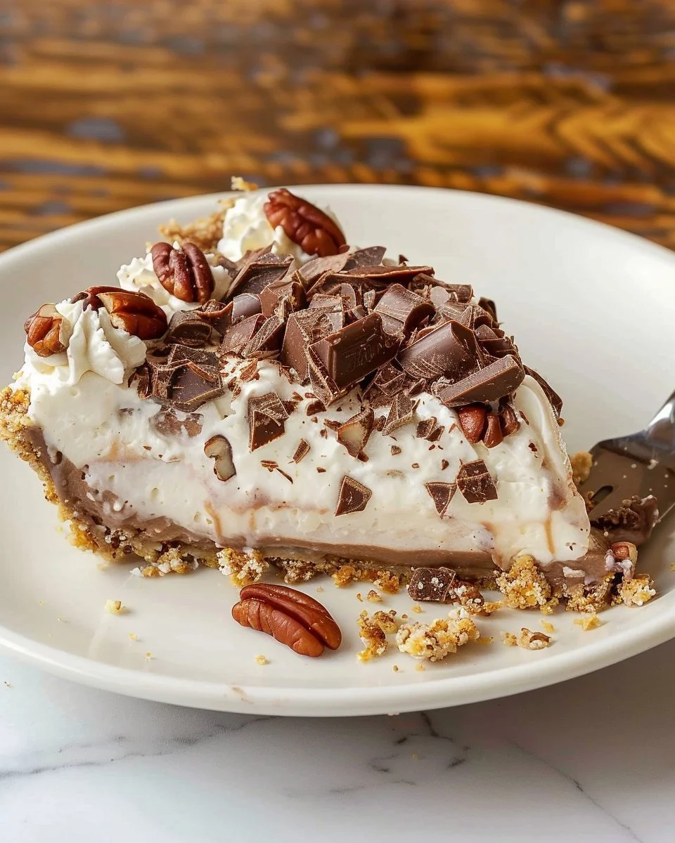 Delicious Chocolate Vanilla Cream Pie topped with rich cream