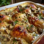 Creamy baked chicken with mushrooms served on a plate