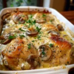Creamy baked chicken with mushrooms served on a plate