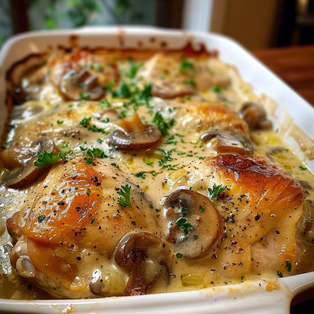Creamy baked chicken with mushrooms served on a plate