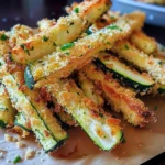 Plate of crispy Parmesan garlic zucchini fries with a dipping sauce