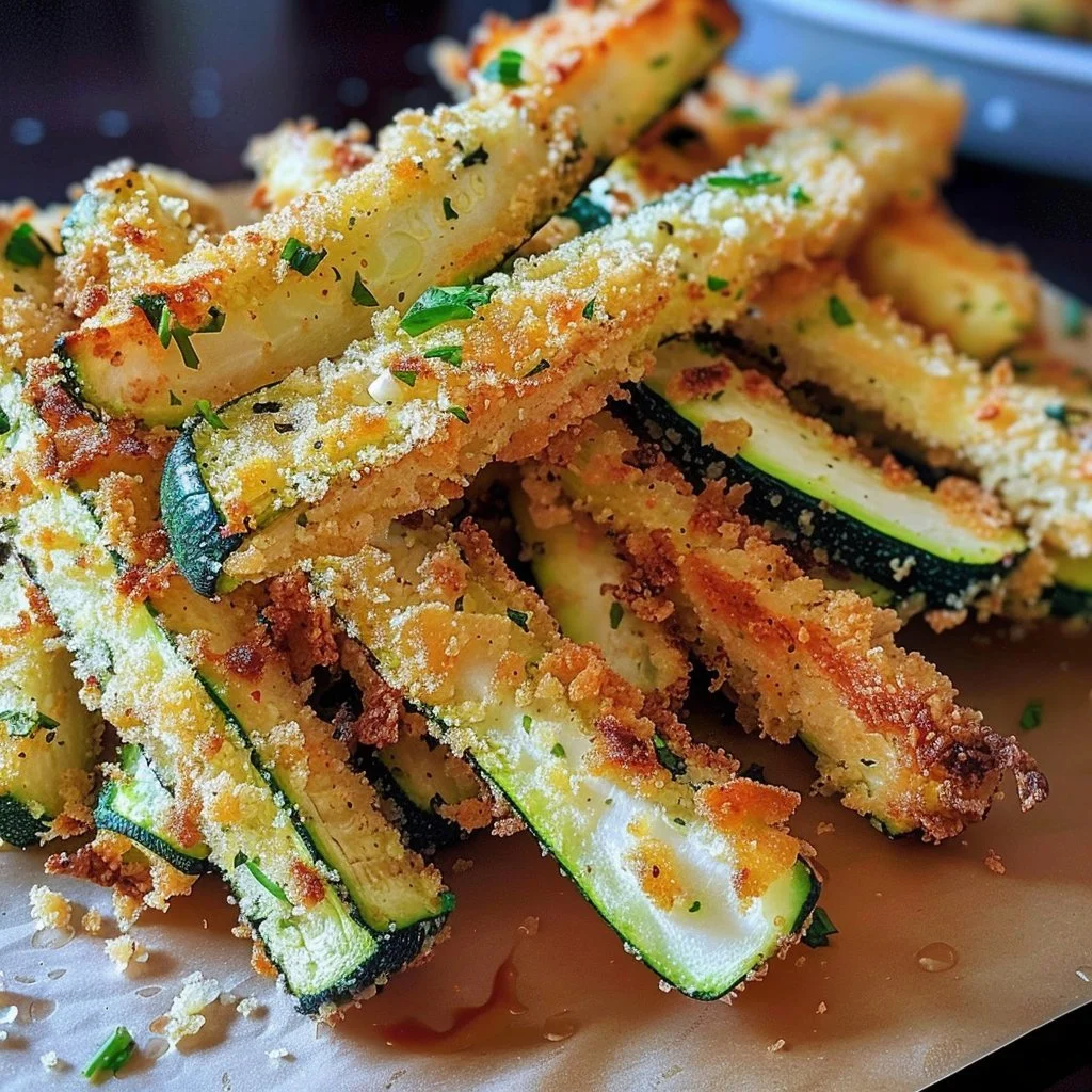 Plate of crispy Parmesan garlic zucchini fries with a dipping sauce