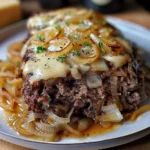 Crockpot French Onion Beefloaf served with caramelized onions and cheese