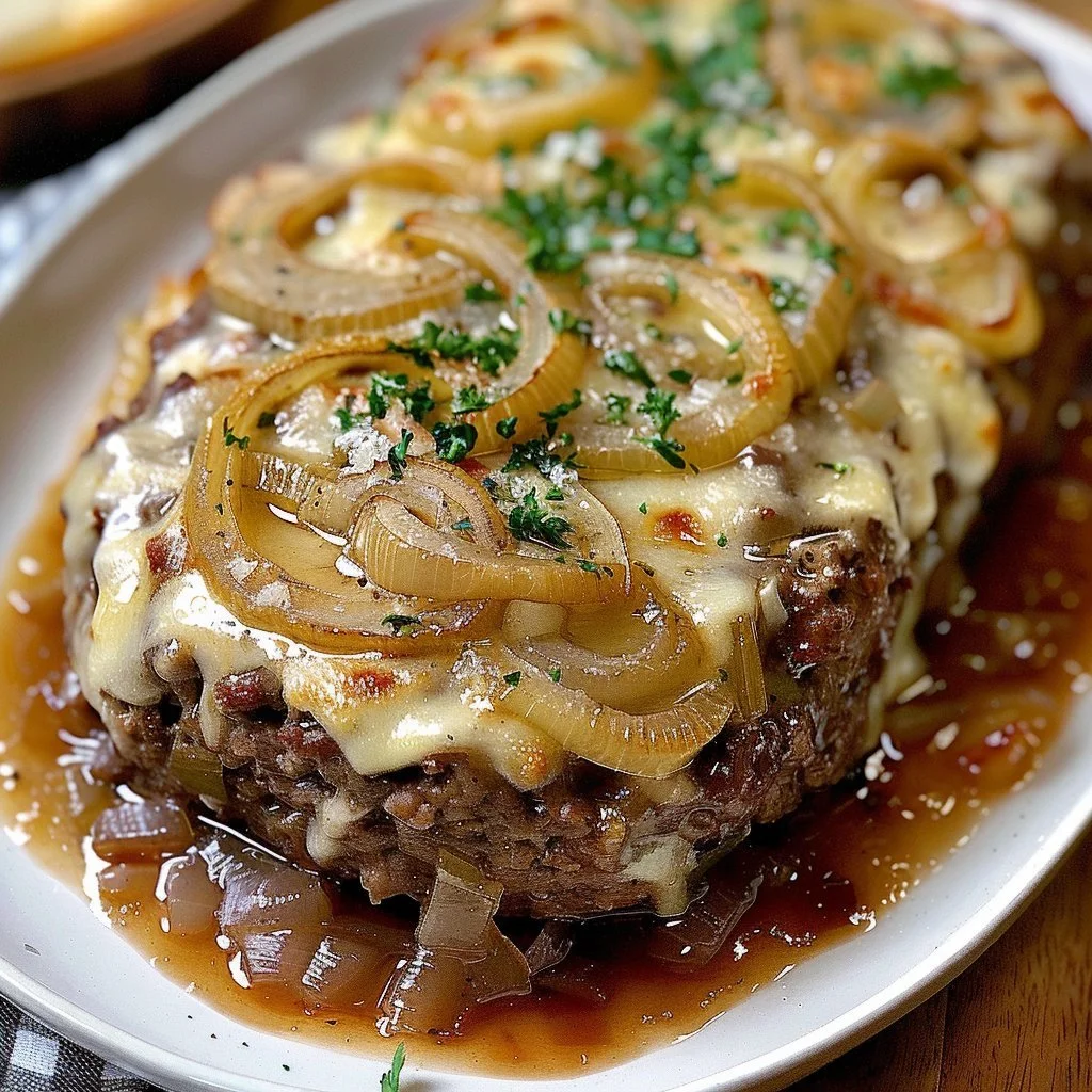 Delicious Crockpot French Onion Beefloaf served with caramelized onions and melted cheese.