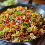 Ground beef taco cabbage skillet served in a frying pan