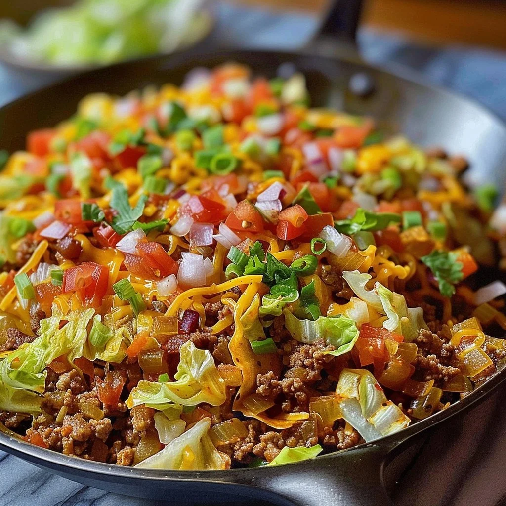 Ground beef taco cabbage skillet served in a frying pan