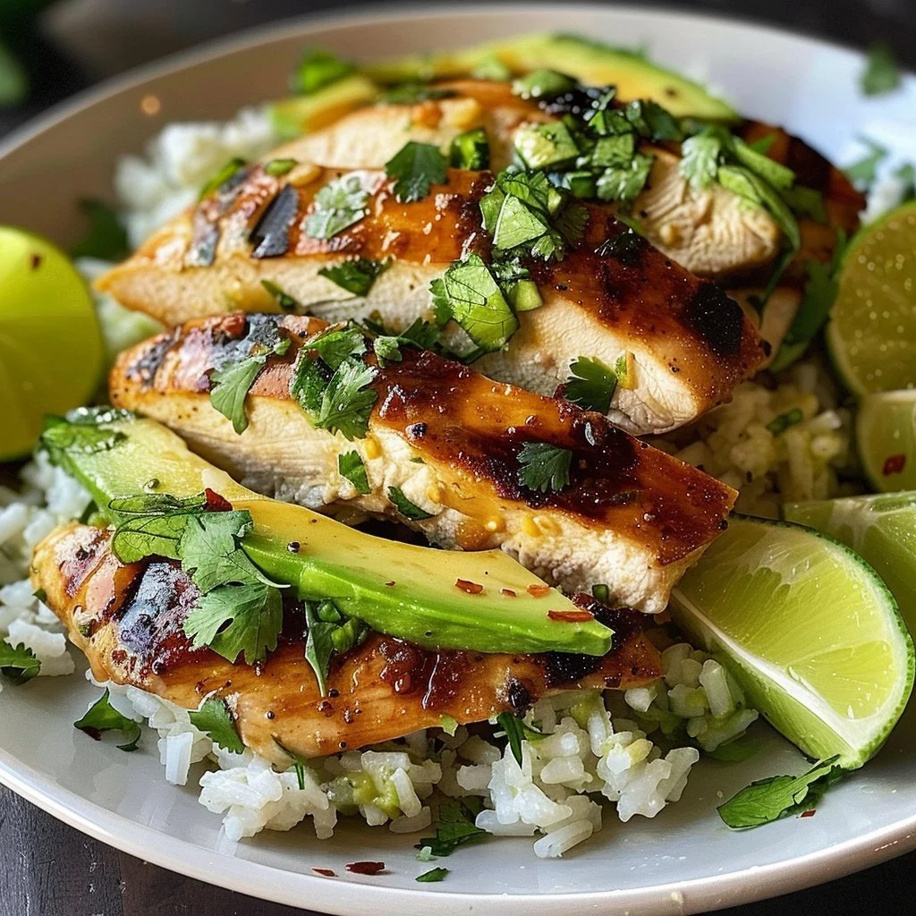 Honey Lime Chicken served on a bed of avocado rice with fresh toppings.