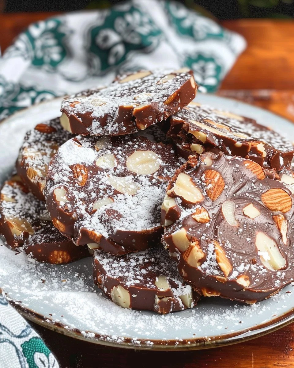Italian Chocolate Salami dessert made with chocolate, nuts, and biscuits