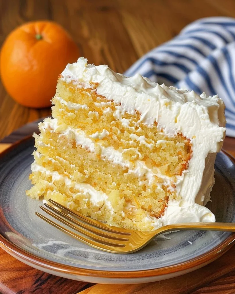 Slice of Mandarin Orange Cake with Pineapple Frosting on a plate