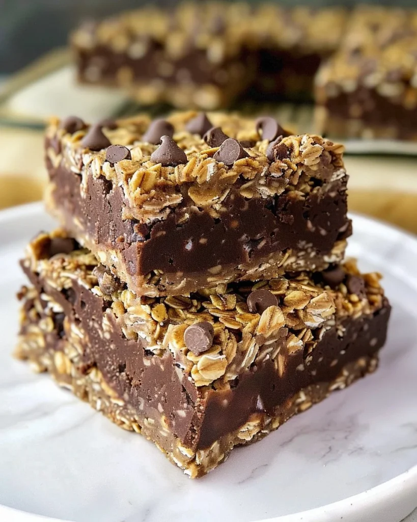 Delicious no bake chocolate oatmeal bars topped with chocolate drizzle.