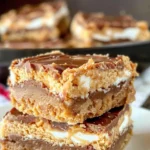 Delicious homemade Peanut Butter Marshmallow Bars stacked on a plate
