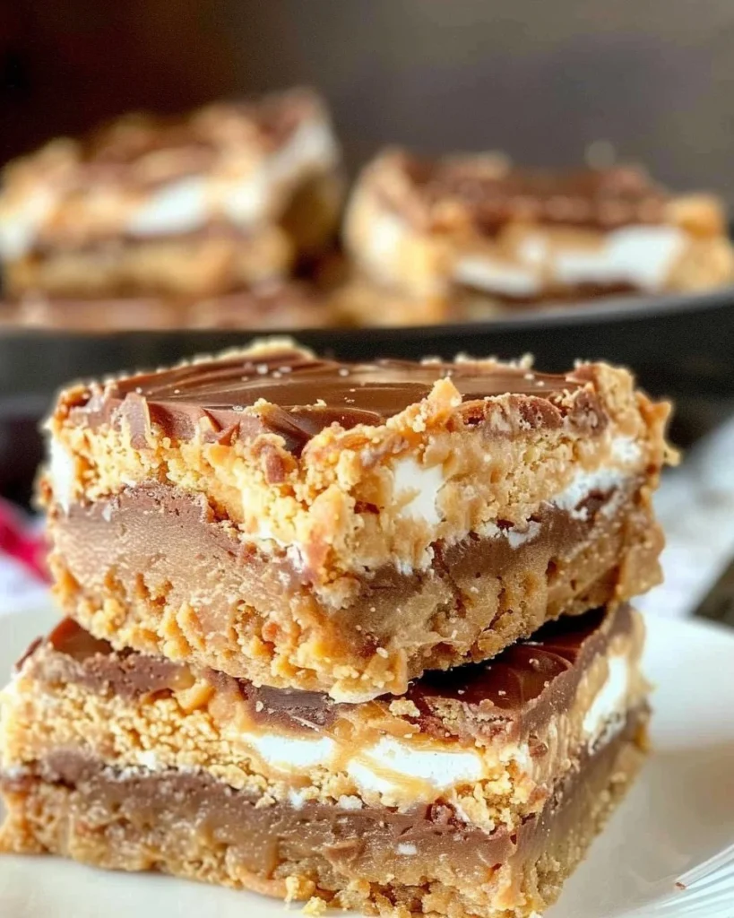 Delicious homemade Peanut Butter Marshmallow Bars stacked on a plate
