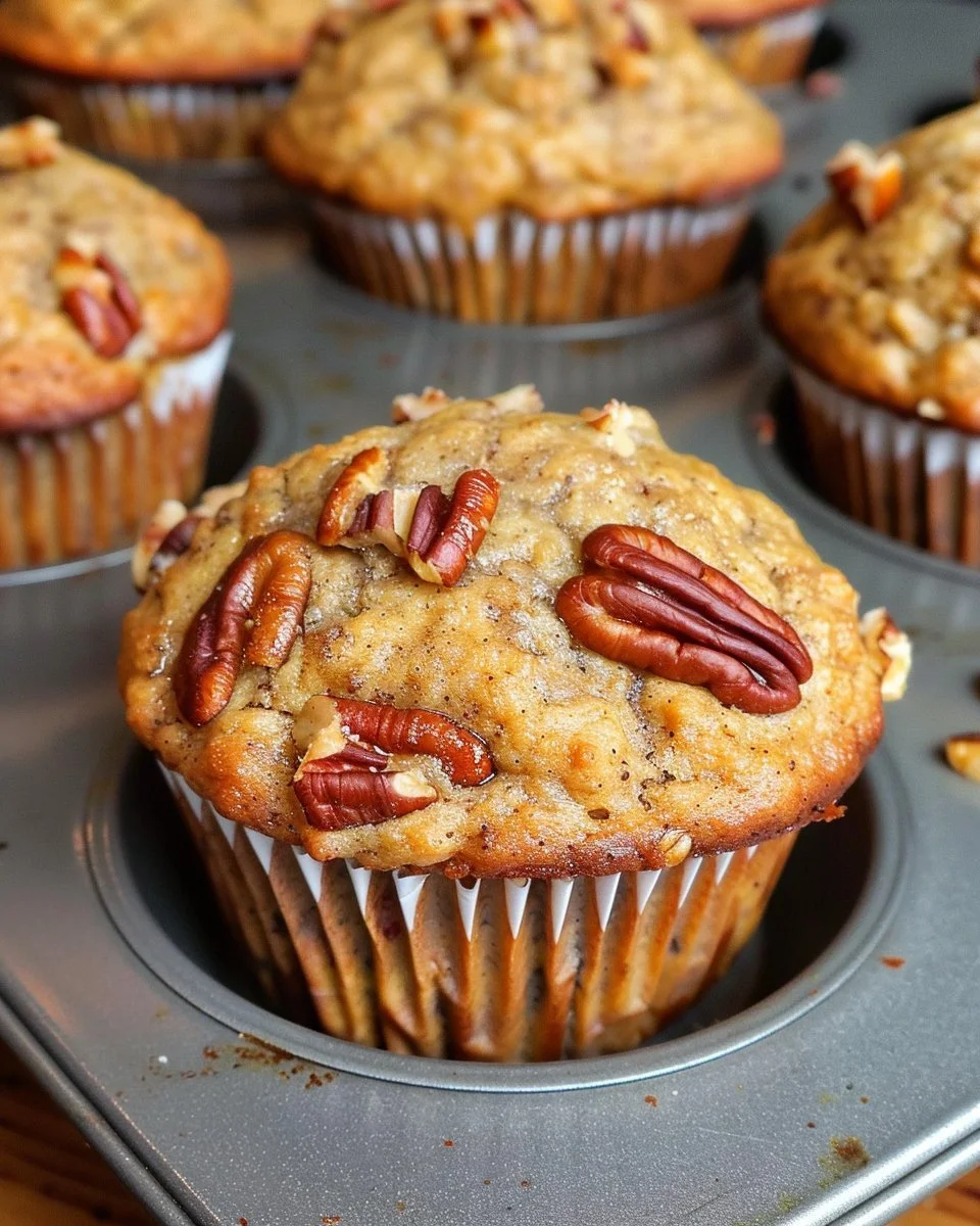 Freshly baked pecan banana muffins with nuts and bananas on a wooden table