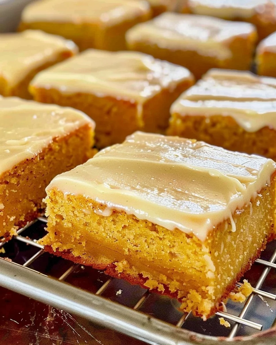 Slice of Pumpkin Sheet Cake topped with rich Brown Butter Icing