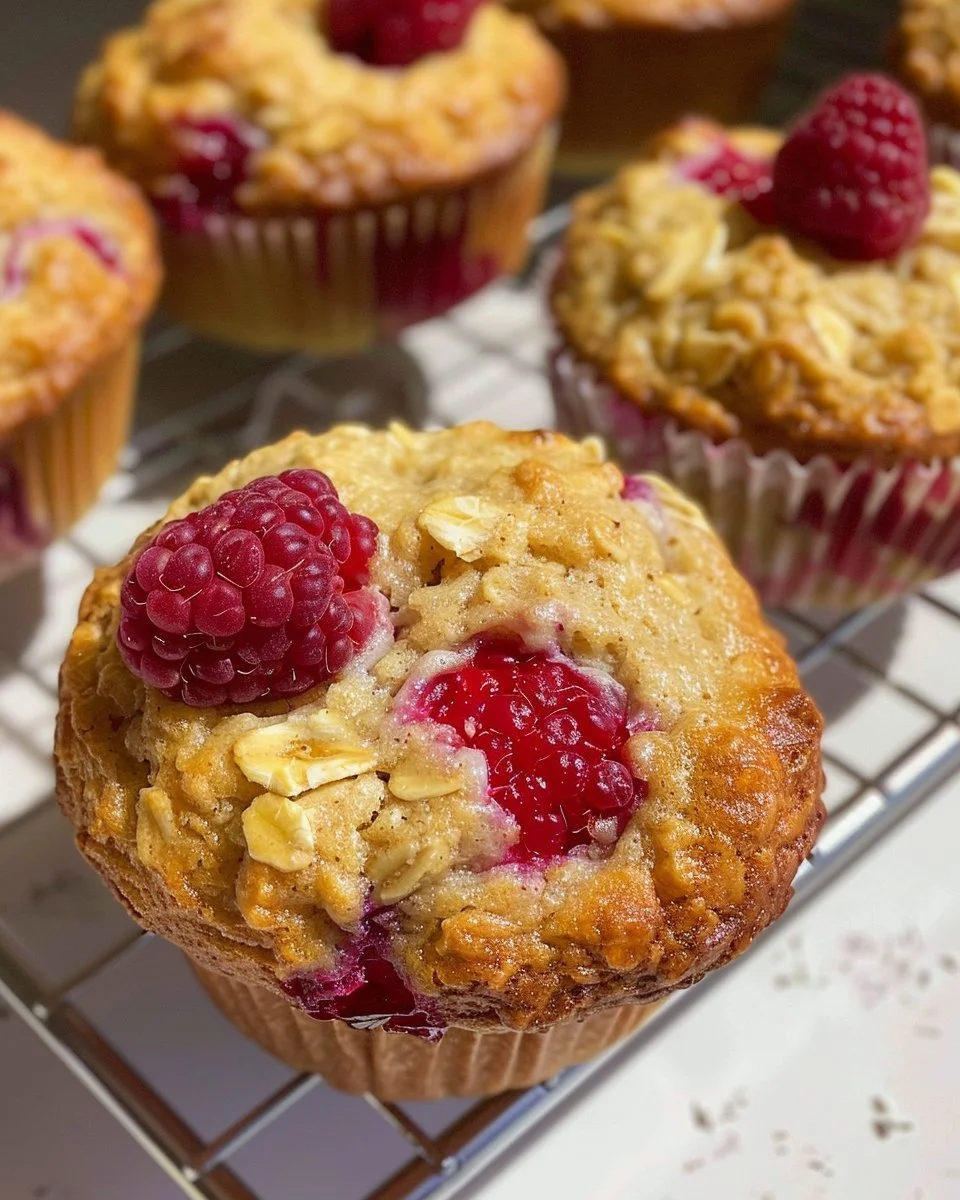 Freshly baked raspberry oatmeal muffins on a cooling rack