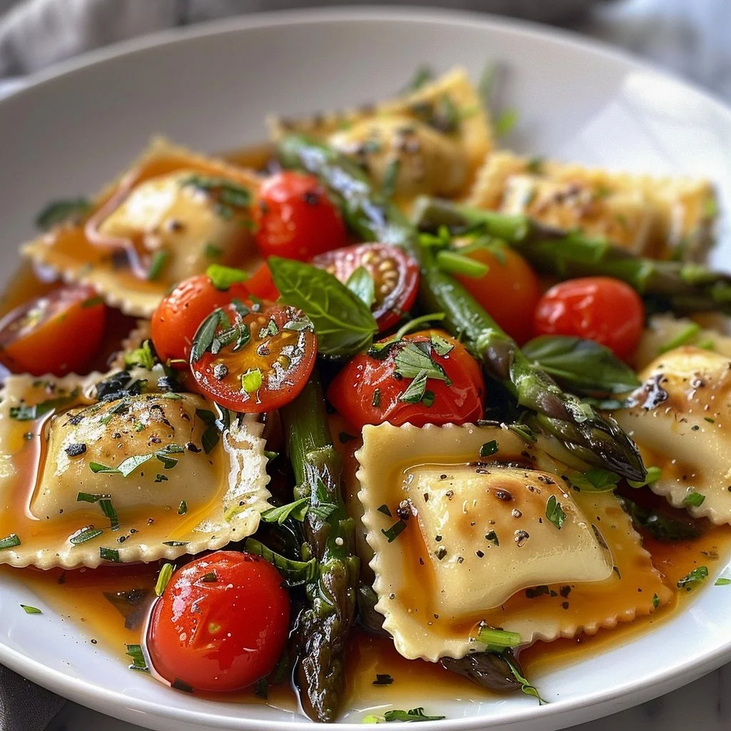 Plate of ravioli with tomatoes, asparagus, and herbs garnished with parmesan cheese