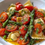 Plate of ravioli with tomatoes, asparagus, and fresh herbs garnished.