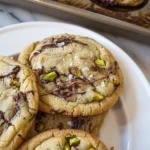 Salted pistachio dark chocolate chip cookies stacked on a plate.