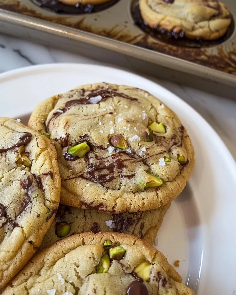 Salted pistachio dark chocolate chip cookies stacked on a plate.