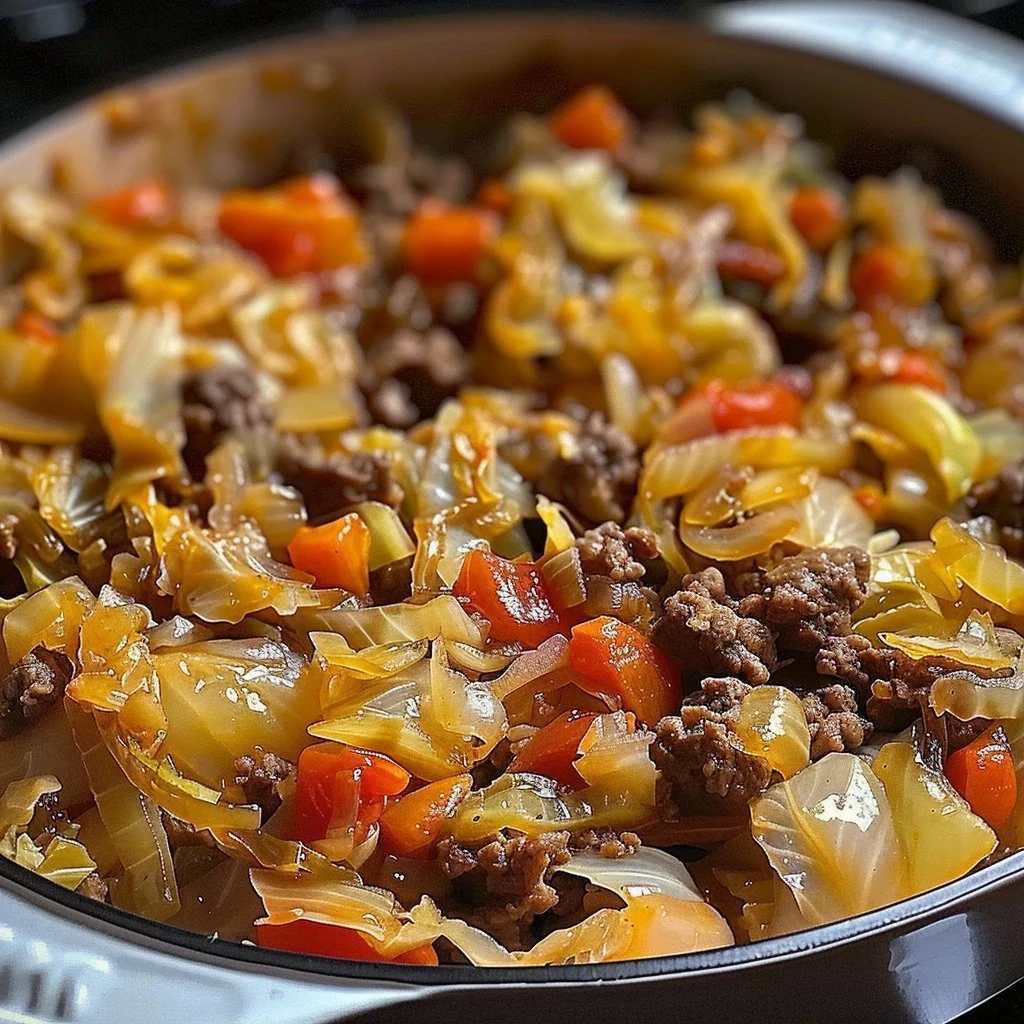Savory cabbage beef bake with layers of ground beef and steamed cabbage