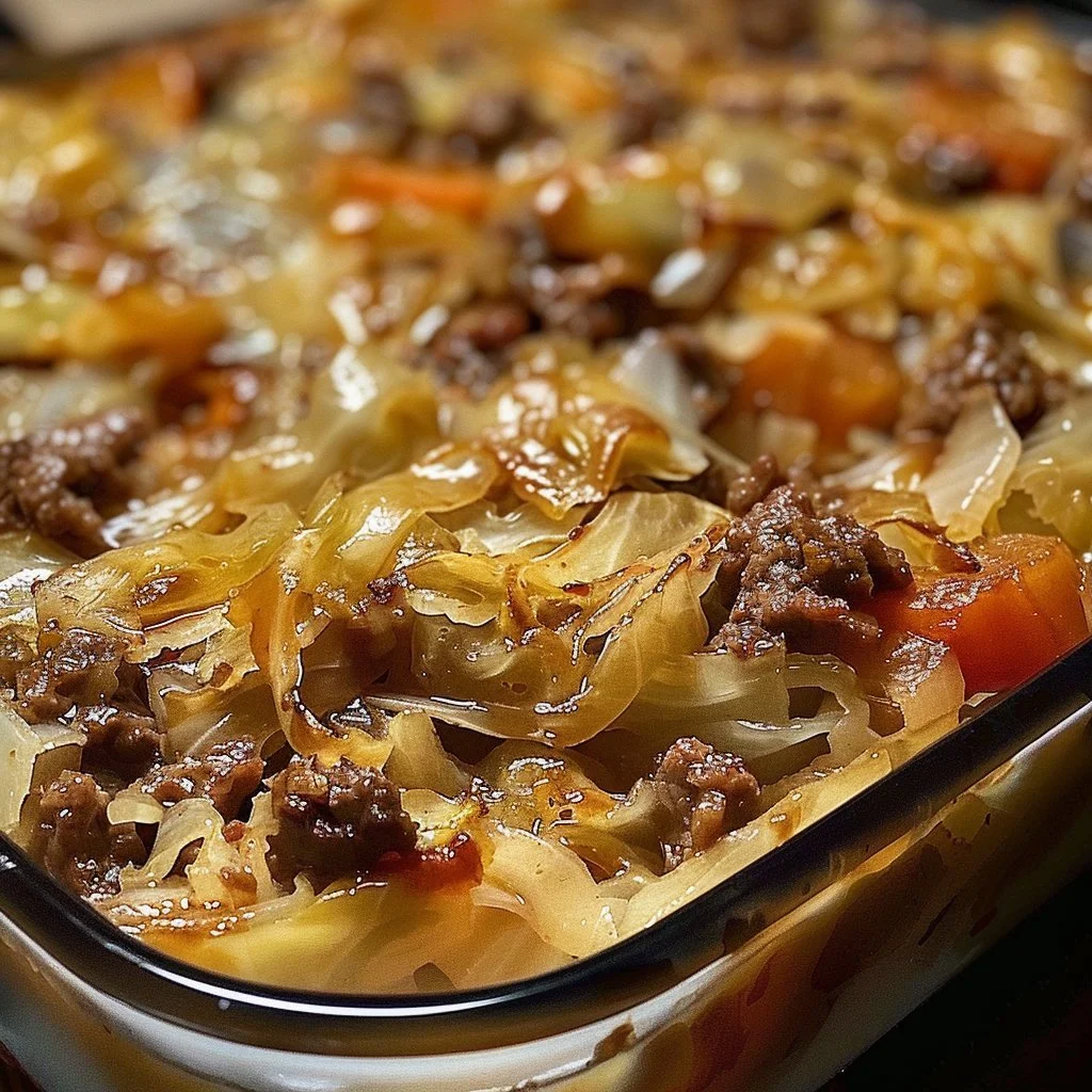 Savory Cabbage Beef Bake with layers of beef and cabbage