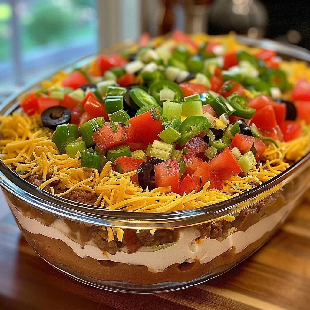 Delicious seven-layer taco dip served with tortilla chips on a platter.