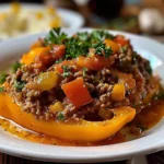 A hearty stuffed pepper casserole made with beef, rice, and colorful peppers.