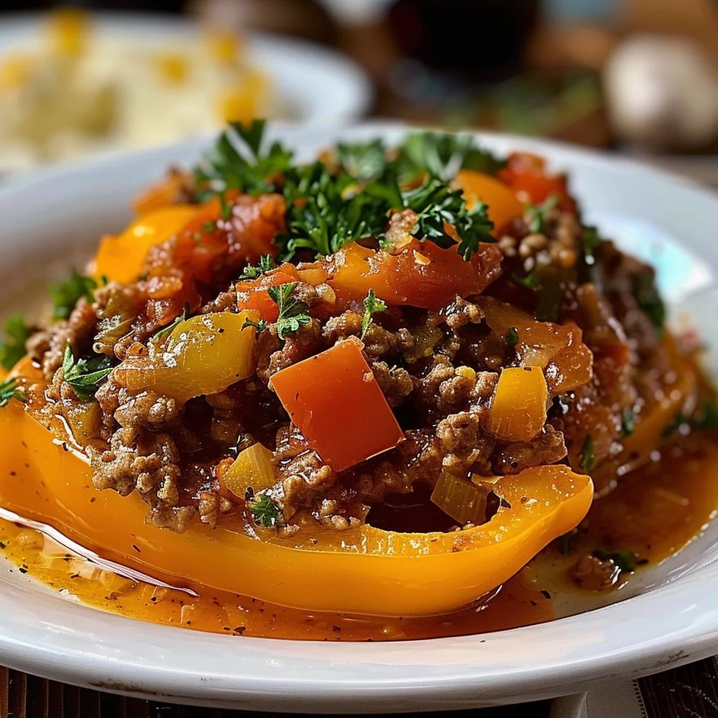 A hearty stuffed pepper casserole made with beef, rice, and colorful peppers.