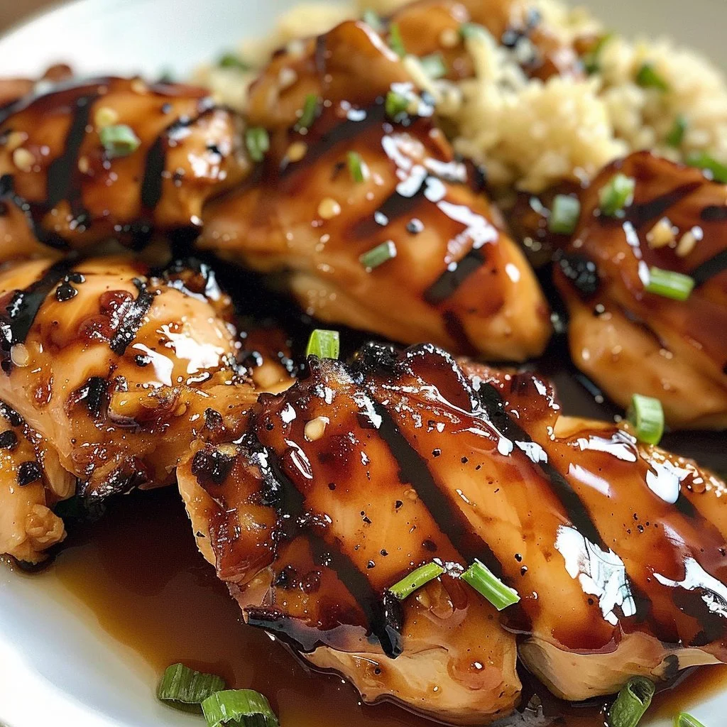 Delicious sweet grilled teriyaki chicken served with rice and vegetables