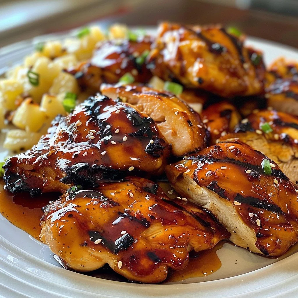 Delicious grilled teriyaki chicken garnished with green onions on a plate