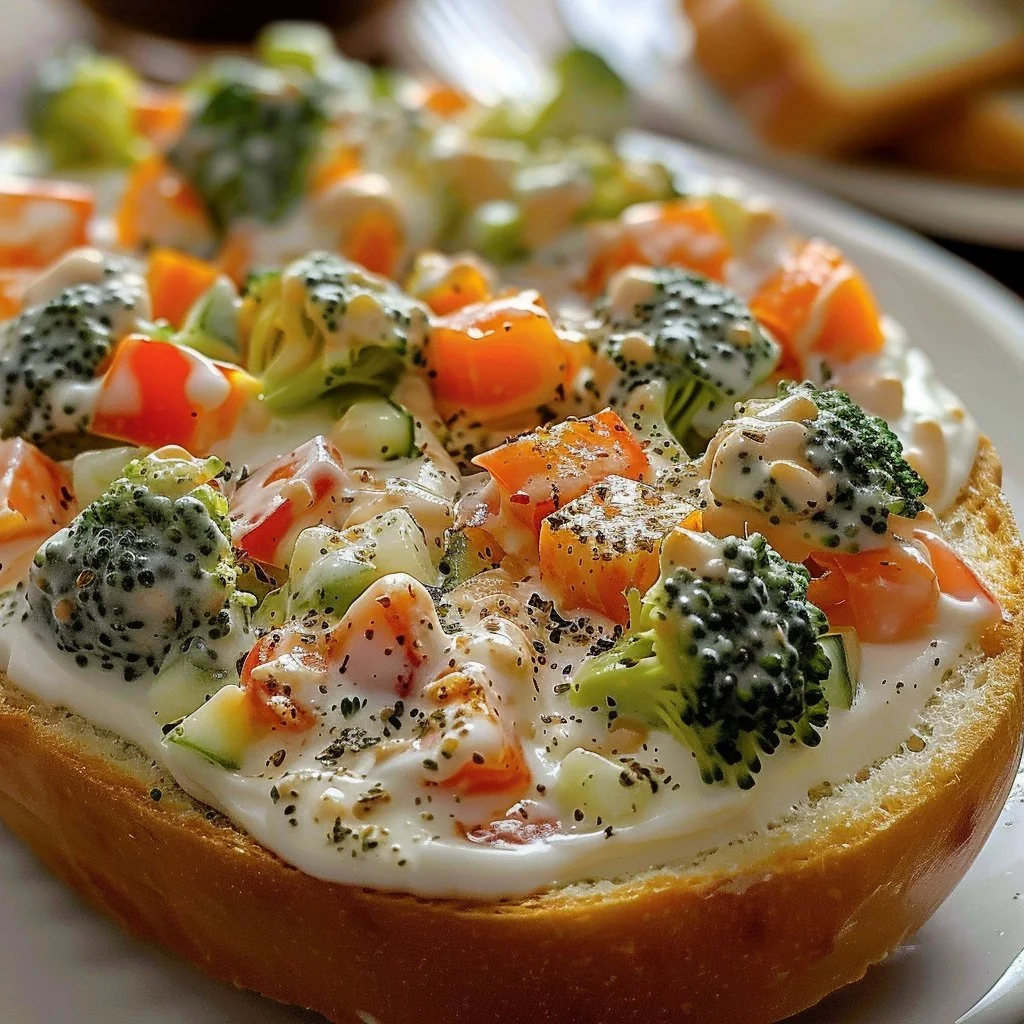 A colorful veggie cream cheese spread with fresh vegetables on a bagel